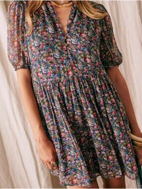 Sezane - Holy Dress Floral V-Neck Short Sleeve Smock Dress - Blue/Pink